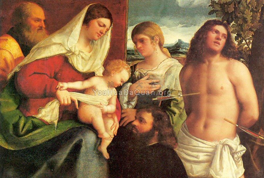 The Holy Family with Saints Catherine and Sebastian and a Donor - 塞巴斯蒂亚诺·德尔·皮翁博